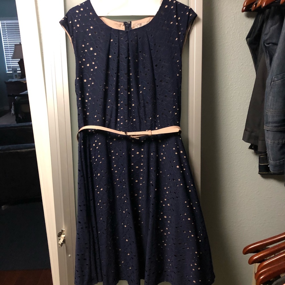 Dressbarn dress of navy blue eyelet fabric